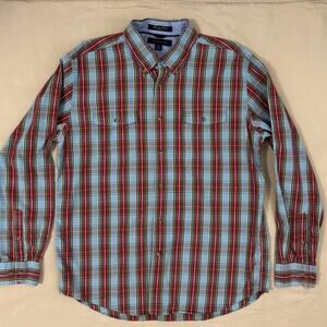 Tommy Hilfiger Men’s Blue and Red Heritage Poplin Shirt Size Large